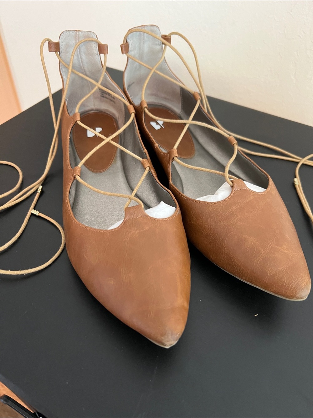bp Brown Lace-up Pointed-Toe Flats